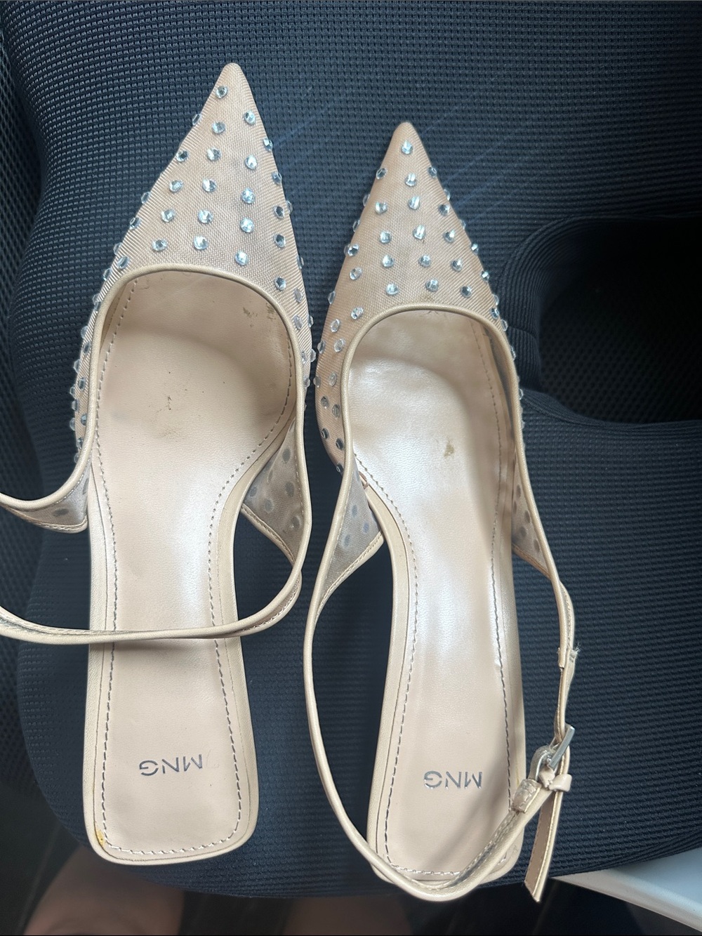 Mango Beige Pointed Toe Slingback Pumps with Crystal Studs